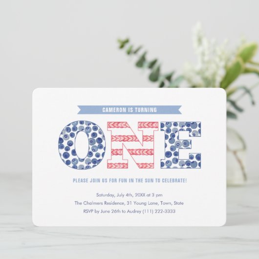 カジュアル赤白青クックアウト1回目の誕生日パーティー 招待状 (スタンド正面)