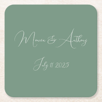 カジュアルSage Greenシンプル Scriptミニマル結婚リスト スクエアペーパーコースター
