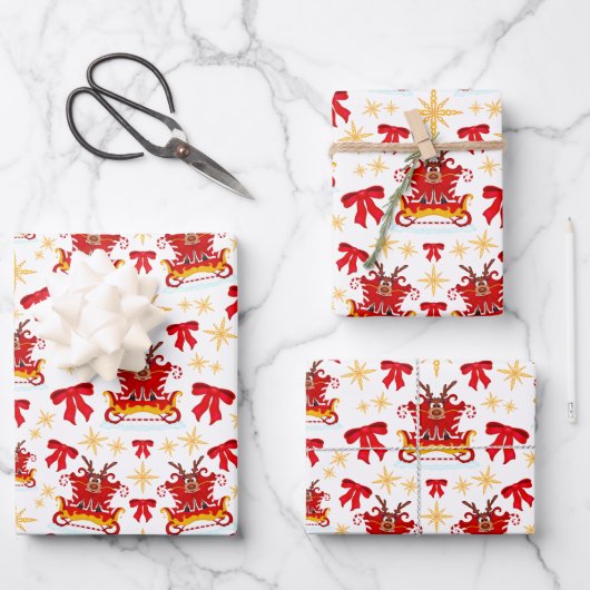 カスキーかわいいクリスマスそりトナカイのパターン ラッピングペーパーシート (正面)