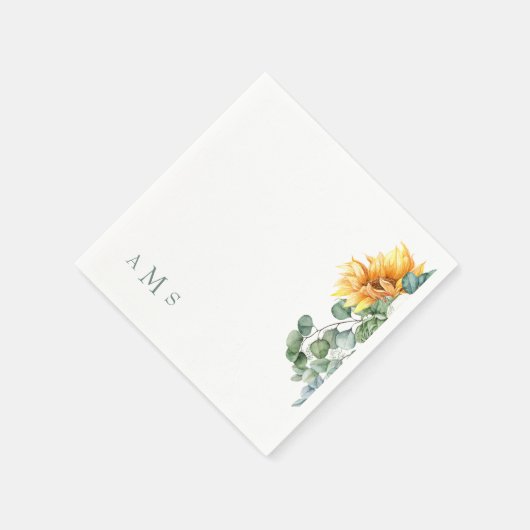 カスケーディングヒマワリ緑のセージのモノグラム スタンダードカクテルナプキン (角)