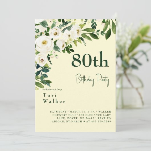 カスケーディングホワイトフローラ黄色80誕生日 招待状 (スタンド正面)