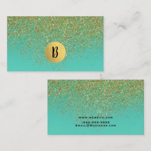 カスケーディング金ゴールドグリッター&ティール(緑がかった色)アクアグラムトレンディー 名刺 (正面/裏面)