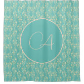 カスケーディング金ゴールド花ティール（緑がかった色）モノグラム シャワーカーテン (正面)