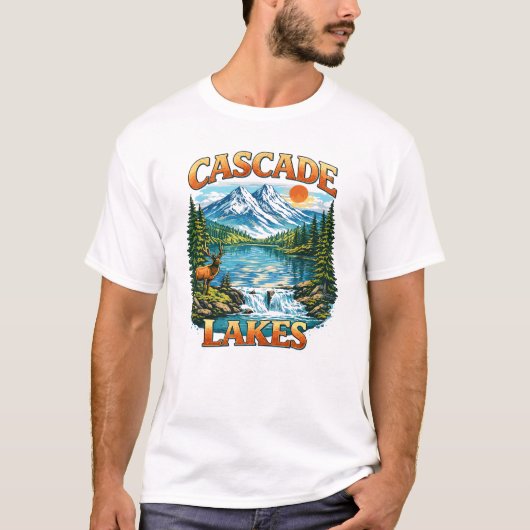 カスケードレイクスの山の野生生物の風景デザイン Tシャツ (正面)