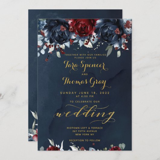 カスケード牡丹ブルゴーニュ海軍結婚金ゴールド 招待状 (正面/裏面)