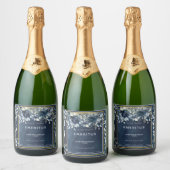 カスケード結婚牡丹のネイビーきらめくワインラベル スパークリングワインラベル (ボトル)