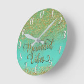 カスケード金ゴールドグリッターティール(緑がかった色)アクアマーメイドビブ ラウンド壁時計 (傾斜)