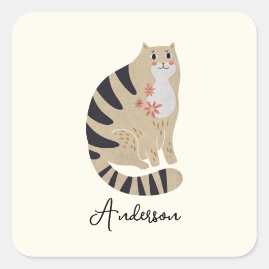 カスタマイズおもしろい可能なかわいい笑顔の猫 スクエアシール (正面)