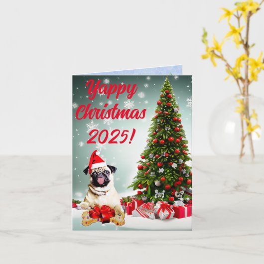カスタマイズおもしろい可能なパグ犬ヤッピーのクリスマスカード カード (黄色い花)