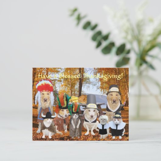 カスタマイズおもしろい可能なペット巡礼者とインディアン シーズンポストカード (スタンド正面)