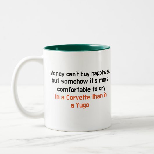 カスタマイズおもしろい可能なマグカップ:お金は幸福を買できない ツートーンマグカップ (左)