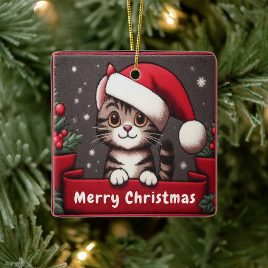 カスタマイズおもしろいChristmas Mischievous Tabby Cat セラミックオーナメント (ツリー)