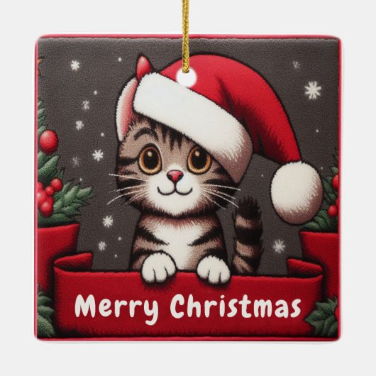 カスタマイズおもしろいChristmas Mischievous Tabby Cat セラミックオーナメント (裏面)