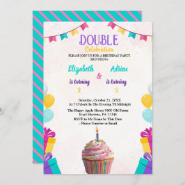 カスタマイズおよびおもしろいカラフルキッズダブル誕生日 招待状