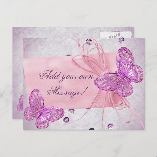 カスタマイズかわいらし可能なピンクバタフライデザイン ポストカード (正面/裏面)