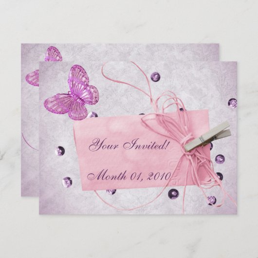 カスタマイズかわいらし可能なピンクバタフライデザイン 招待状 (正面/裏面)