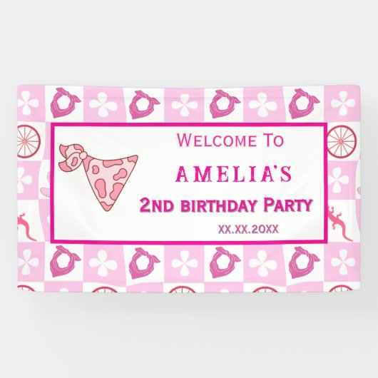 カスタマイズされたピンクのカウガール誕生日パーティー 横断幕 (横)