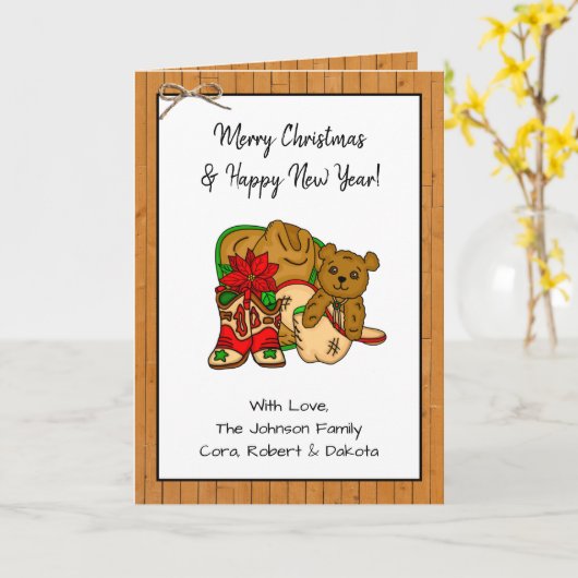 カスタマイズされた写真とカウボーイをテーマにしたクリスマス カード (黄色い花)