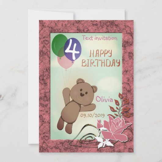カスタマイズする, 個人的な, 誕生日, テディベア 招待状 (正面)