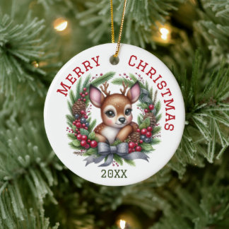 カスタマイズできるキュートなシカのクリスマス セラミックオーナメント