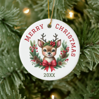 カスタマイズできるキュートなシカのクリスマス セラミックオーナメント