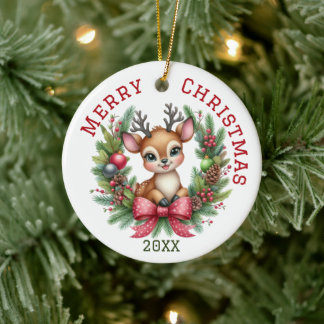 カスタマイズできるキュートなシカのクリスマス セラミックオーナメント