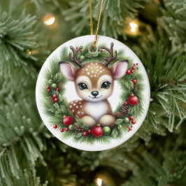 カスタマイズできるキュートなシカのクリスマス セラミックオーナメント