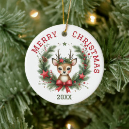 カスタマイズできるキュートなシカのクリスマス セラミックオーナメント