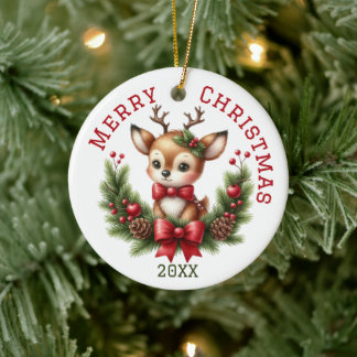 カスタマイズできるキュートなシカのクリスマス セラミックオーナメント