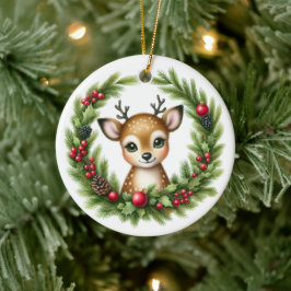カスタマイズできるキュートなシカのクリスマス セラミックオーナメント
