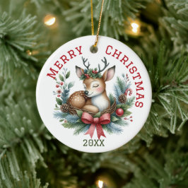 カスタマイズできるキュートなシカのクリスマス セラミックオーナメント