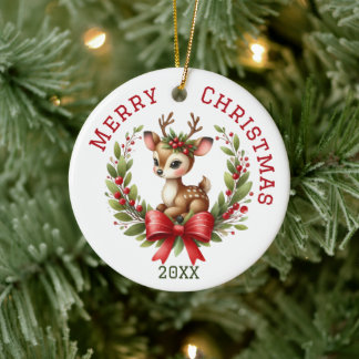 カスタマイズできるキュートなシカのクリスマス セラミックオーナメント