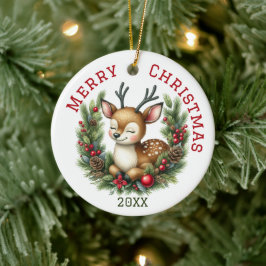 カスタマイズできるキュートなシカのクリスマス セラミックオーナメント