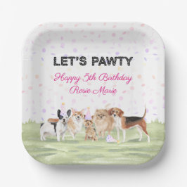 カスタマイズできるピンクのわんちゃんの誕生日パーティー Let's Pawty ペーパープレート