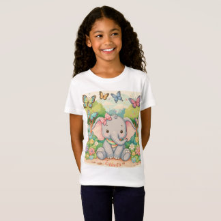 カスタマイズできる かわいい象と蝶々 Tシャツ