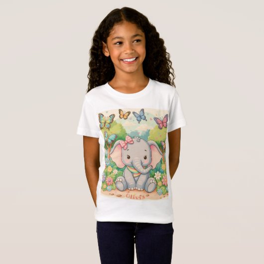 カスタマイズできる かわいい象と蝶々 Tシャツ (正面フル)
