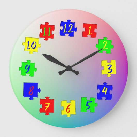 カスタマイズカラーのジグソーパズルピースと数字の子供の写真 ラージ壁時計 (正面)