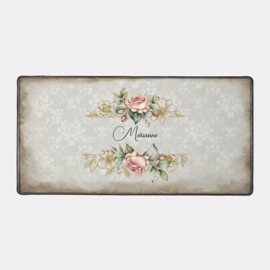 カスタマイズガーリー可能なピンクのヴィンテージバラとダマスク デスクマット