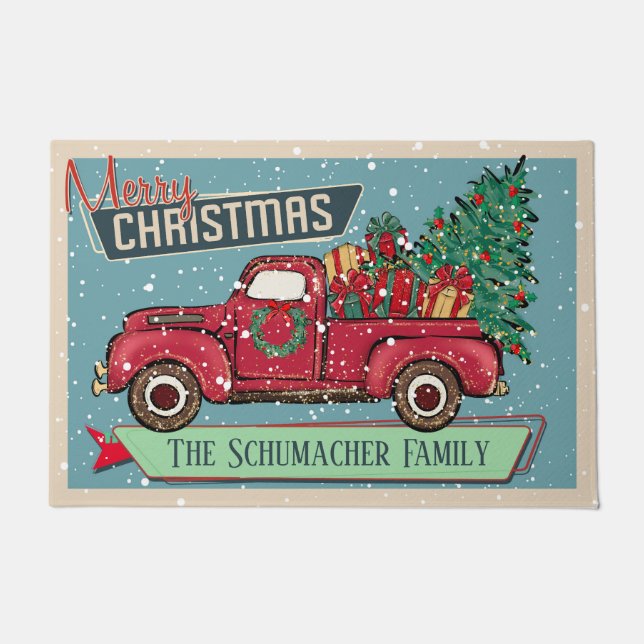 カスタマイズクラシック可能なヴィンテージトラックメリークリスマス ドアマット (正面)