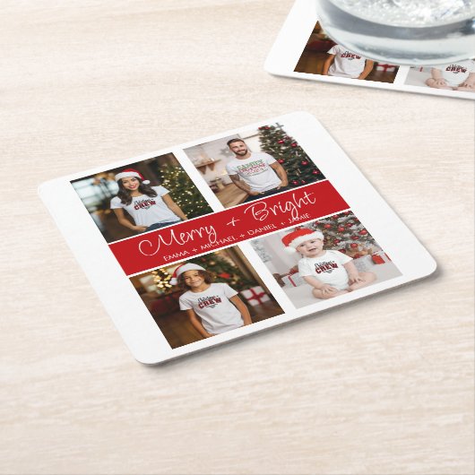 カスタマイズクリスマス4フォトコラージュ スクエアペーパーコースター (アングル)