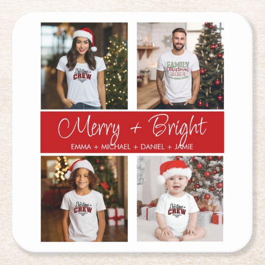 カスタマイズクリスマス4フォトコラージュ スクエアペーパーコースター (正面)