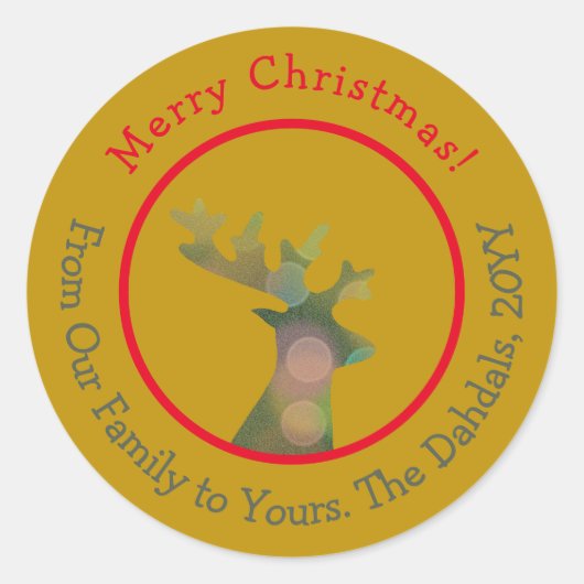 カスタマイズクリスマス《写真》ぼけ味トナカイ頭レッド金ゴールド ラウンドシール (正面)