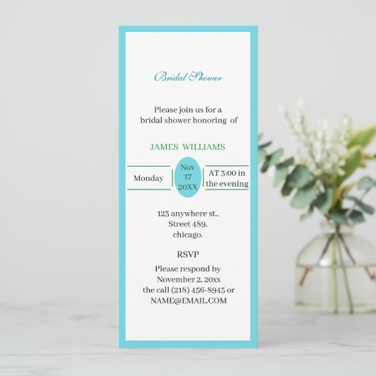 カスタマイズシンプル青と緑のブライダルシャワー 招待状 (スタンド正面)