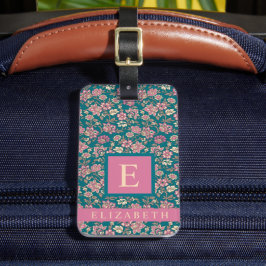 カスタマイズティール(緑がかった色)ブルーグリーンフローラピンク色の花 ラゲッジタグ