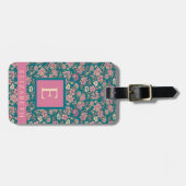 カスタマイズティール(緑がかった色)ブルーグリーンフローラピンク色の花 ラゲッジタグ (正面横)
