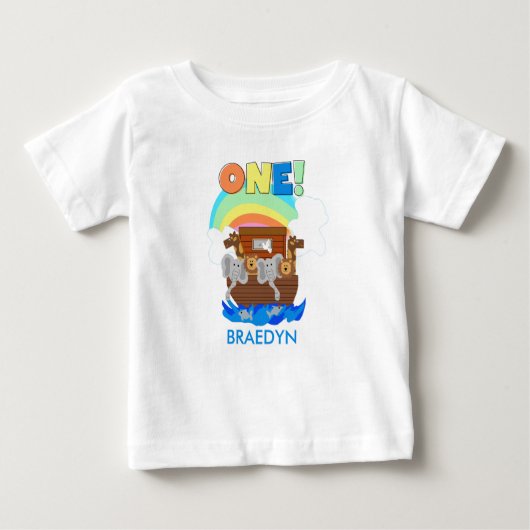 カスタマイズノアの箱舟のベビーの第1誕生日のTシャツ ベビーTシャツ (正面)