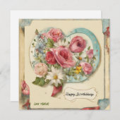 カスタマイズハッピーバースデー水色フローラハート シーズンカード (正面/裏面)