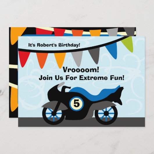 カスタマイズバイクもしくは自転車に乗る人のオートバイの誕生日の招待状 招待状 (正面/裏面)