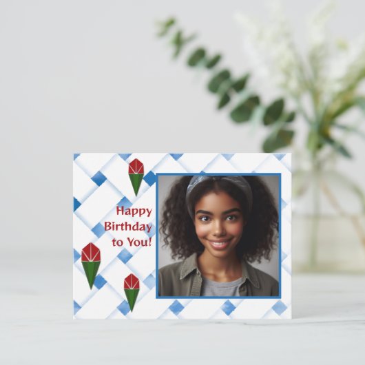 カスタマイズバラウィーブアートレッドブルーグリーン誕生日 シーズンポストカード (スタンド正面)