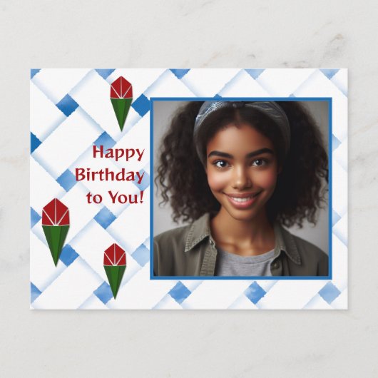 カスタマイズバラウィーブアートレッドブルーグリーン誕生日 シーズンポストカード (正面)